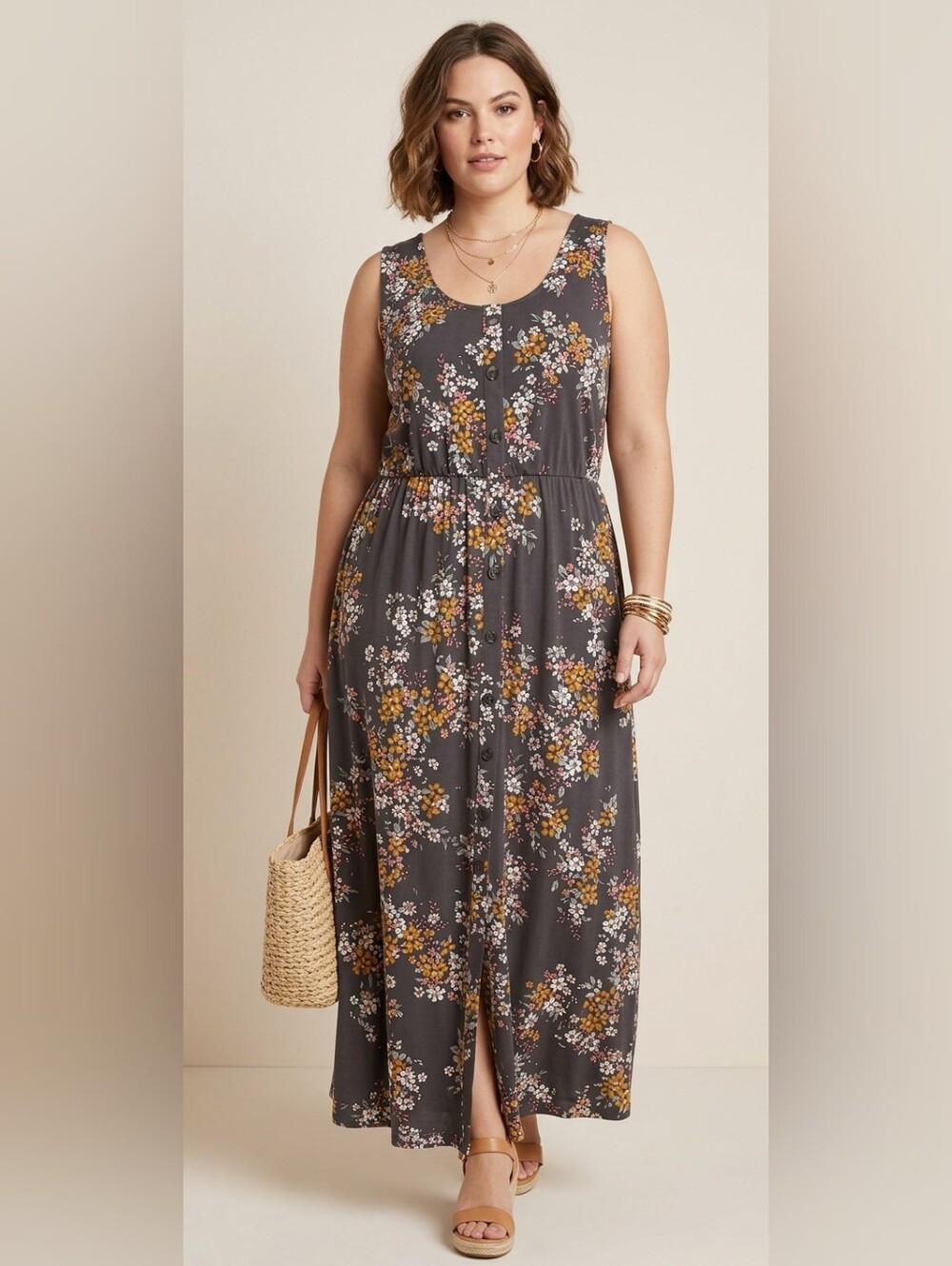 Maurices Gray Floral Button-Front Sleeveless Maxi Dress Size XL